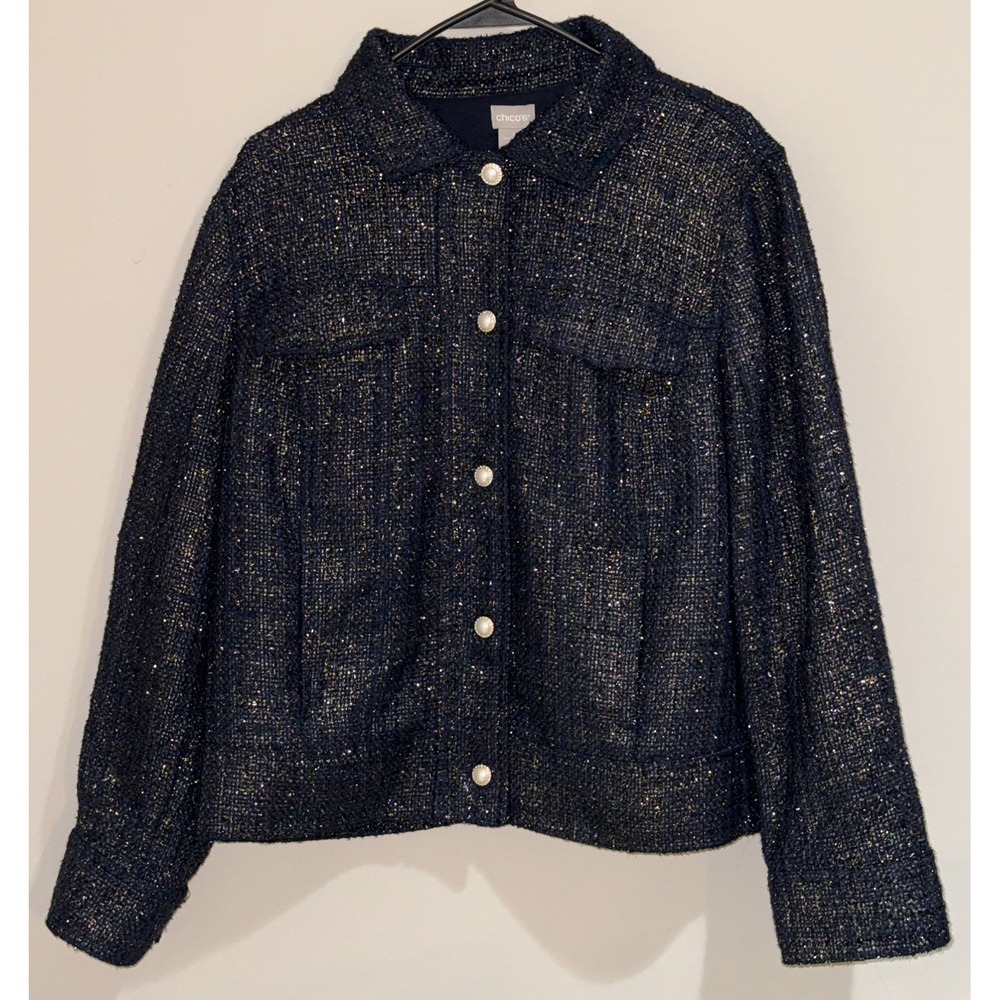 Chicos Jacket Navy Blue Gold Foil Tweed Size 3 (16/18) Pocket BUTTON & Zipper